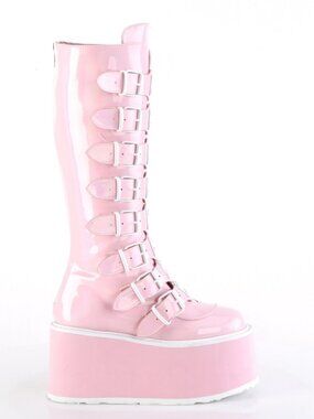 B. Pink Holo  Platform Knee-High Boots with 8 Buckle Straps, Metal Plate Details